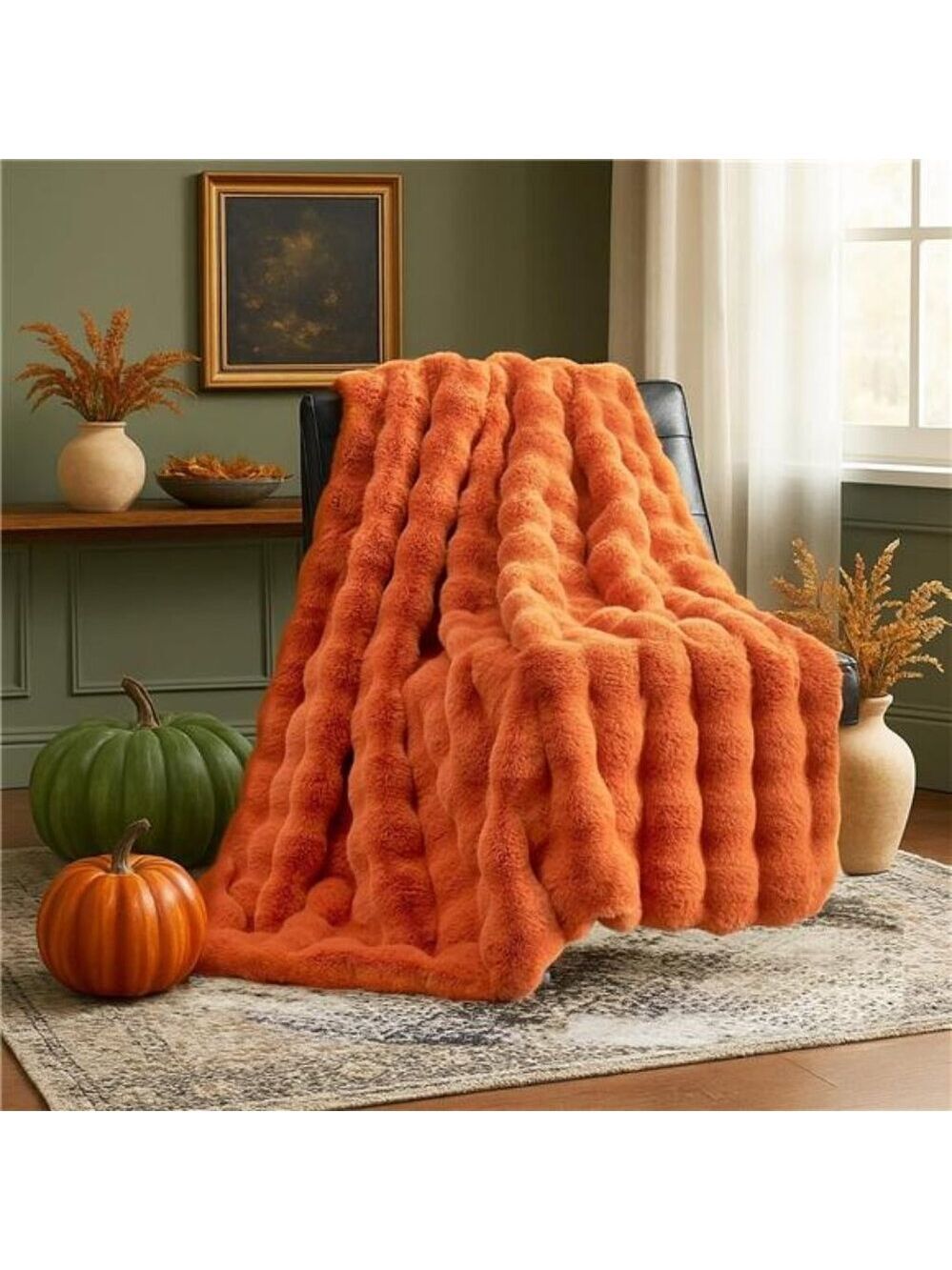 Faux Fur Throw Blanket Orange Cozy Soft Plush Bubble Blanket Couch Bedroom Decor